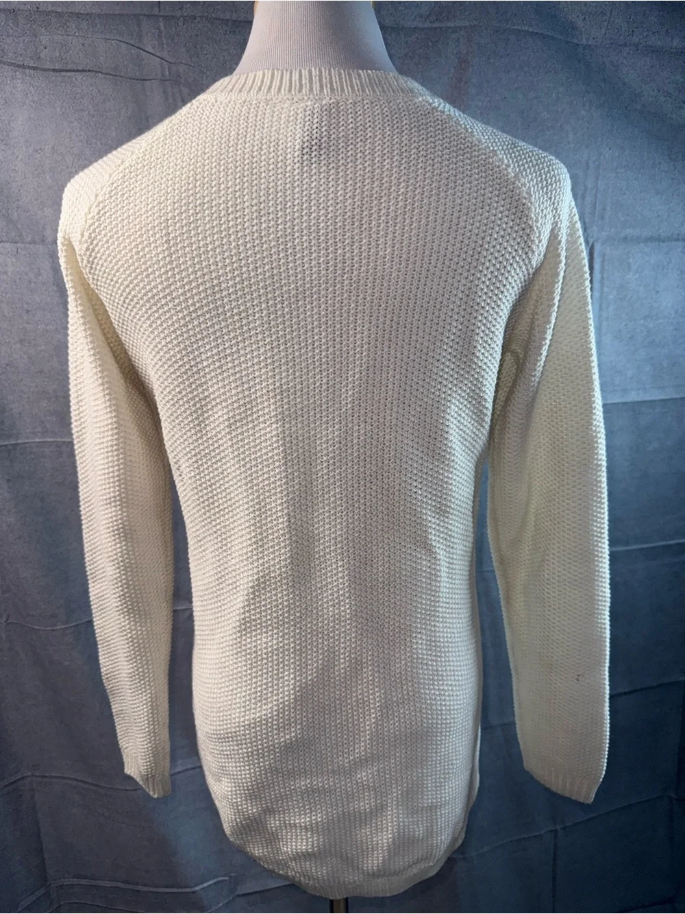 1356-Divided Cream Crewneck Sweater - Textured Knit Pullover